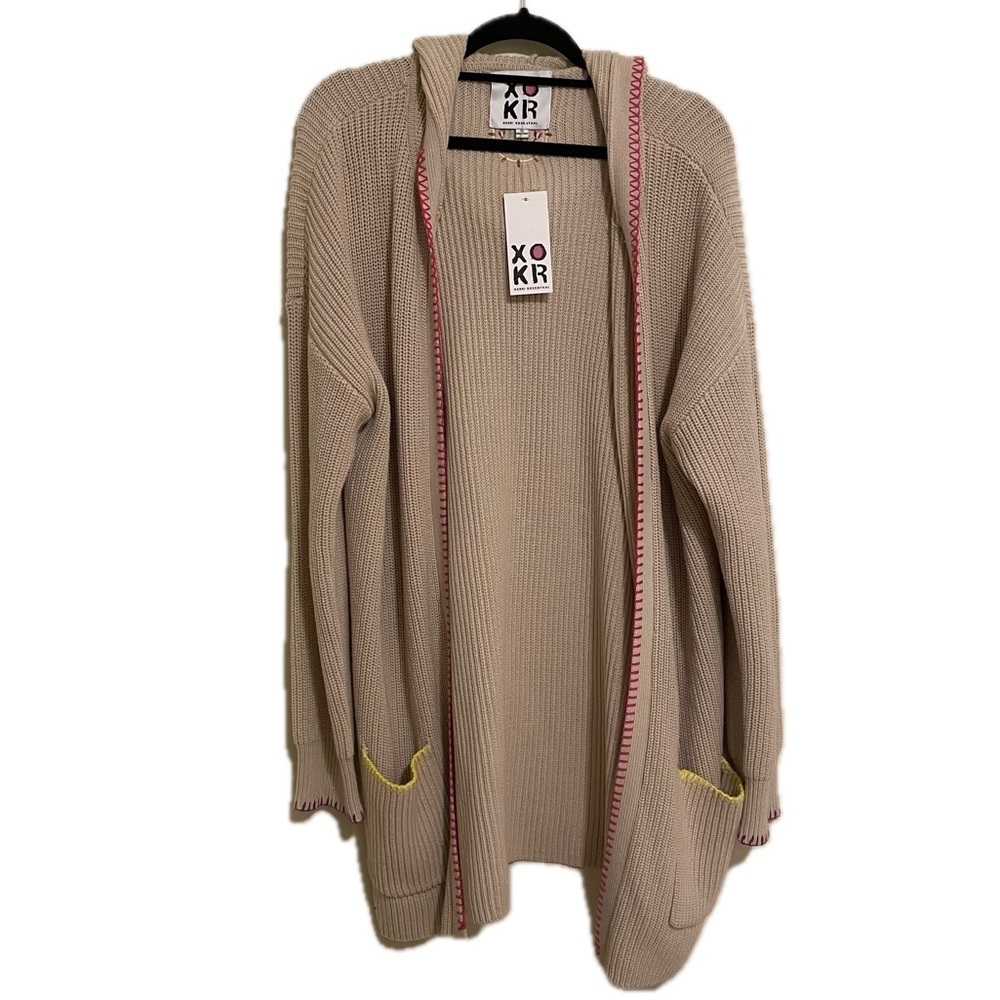 NWT Kerri Rosenthal Long Open Front Cream Cardigan Smiley Face XL - Picture 3 of 15